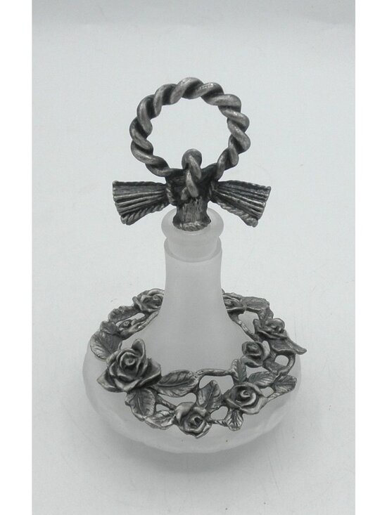 Unbranded Other - Vintage Clear Frosted Glass Vanity Bottle With Pewter Embellishments & Stopper